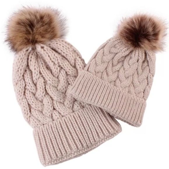 Gray Cable Knit Beanie with Pom Pom Adult & Child Winter Hat Set - Picture 5 of 8